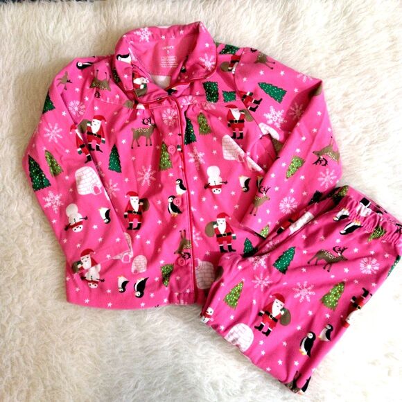 Carter's Girls Size 5 Christmas Pajama Set Pink Santa Holiday Christmas Tree - Picture 2 of 4